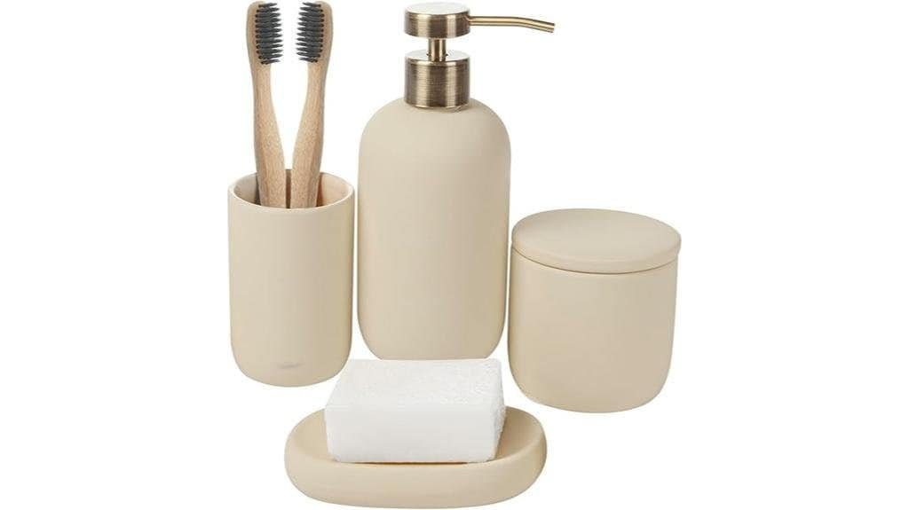 beige bathroom accessory set